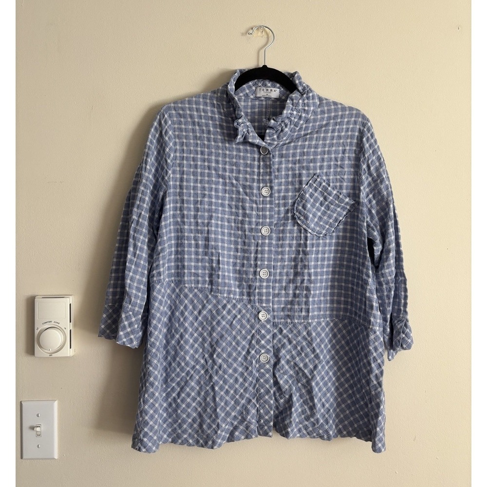 Terra SJ Apparel‎ Medium Tunic Popover Blouse Blue White Cotton Gauze